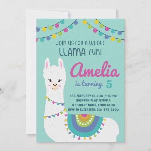 ラマの全おもしろいかわいい誕生日パーティー年齢 招待状 (正面)