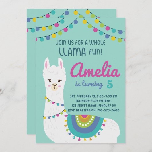 ラマの全おもしろいかわいい誕生日パーティー年齢 招待状 (正面/裏面)