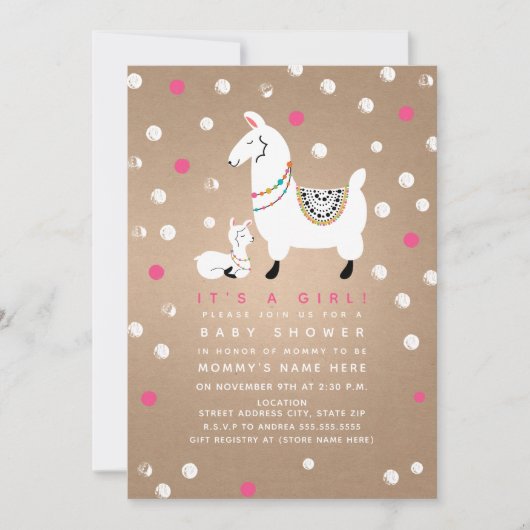 ラマの女の子のベビーシャワー 招待状 (正面)