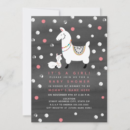 ラマの女の子の水彩画のベビーシャワー 招待状 (正面)