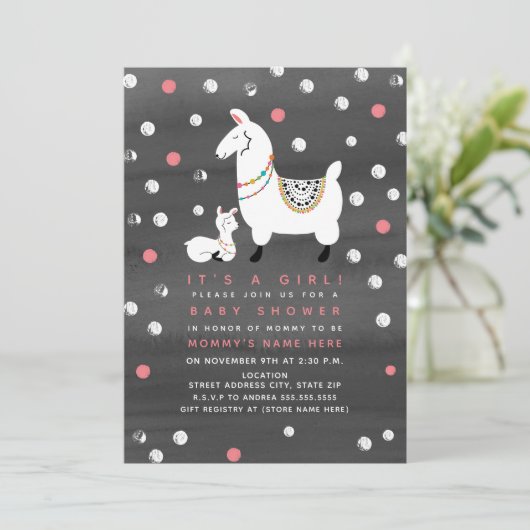 ラマの女の子の水彩画のベビーシャワー 招待状 (スタンド正面)