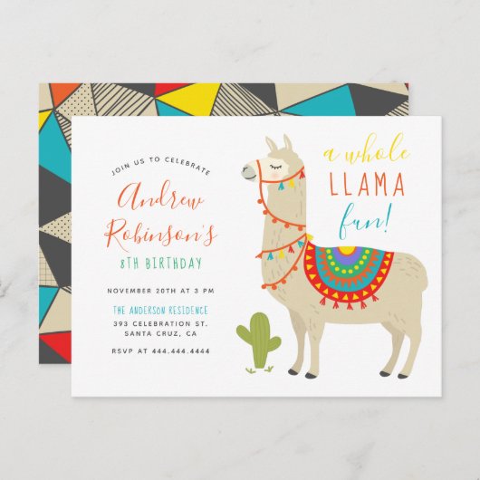 ラマの楽しい動物の誕生日パーティー招待状 インビテーションポストカード (正面/裏面)