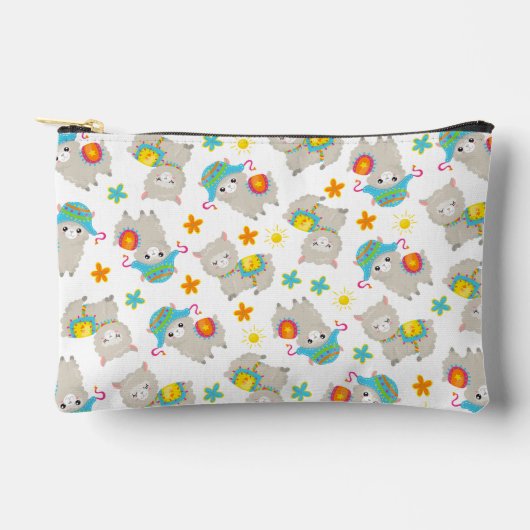 ラマの模様、かわいいラマ、アルパカ、花 アクセサリーポーチ (正面)