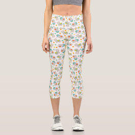 ラマの模様、かわいいラマ、アルパカ、花 カプリレギンス