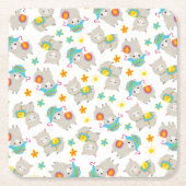 ラマの模様、かわいいラマ、アルパカ、花 スクエアペーパーコースター (正面)