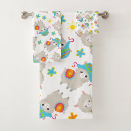 ラマの模様、かわいいラマ、アルパカ、花 バスタオルセット