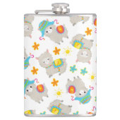 ラマの模様、かわいいラマ、アルパカ、花 フラスク (正面)