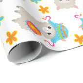 ラマの模様、かわいいラマ、アルパカ、花 ラッピングペーパー (ロールコーナー)