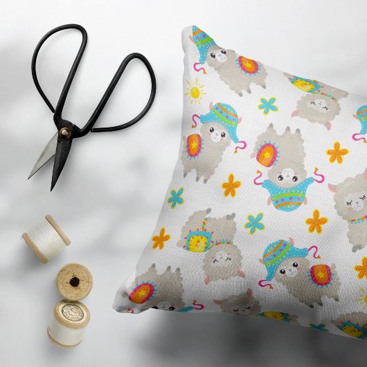 ラマの模様、かわいいラマ、アルパカ、花 枕カバー