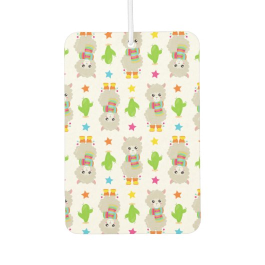 ラマの模様、可愛いラマ、アルパカ、サボテン カーエアーフレッシュナー (正面)