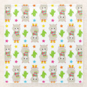 ラマの模様、可愛いラマ、アルパカ、サボテン ガラスコースター (正面)