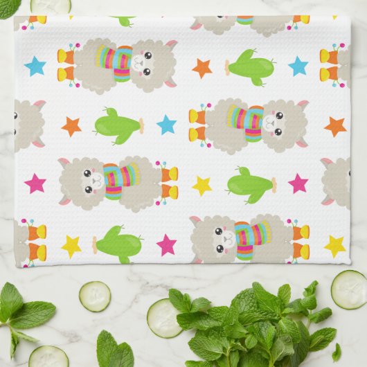 ラマの模様、可愛いラマ、アルパカ、サボテン キッチンタオル (折り畳み)