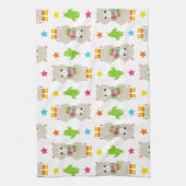 ラマの模様、可愛いラマ、アルパカ、サボテン キッチンタオル (縦)