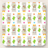 ラマの模様、可愛いラマ、アルパカ、サボテン コースター (正面)