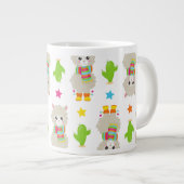 ラマの模様、可愛いラマ、アルパカ、サボテン ジャンボコーヒーマグカップ (正面右)