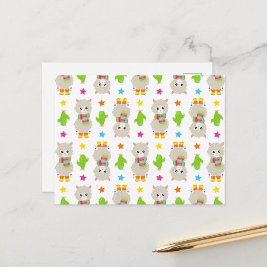 ラマの模様、可愛いラマ、アルパカ、サボテン ポストカード (正面/裏面インサイチュ)