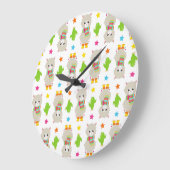 ラマの模様、可愛いラマ、アルパカ、サボテン ラージ壁時計 (傾斜)