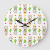 ラマの模様、可愛いラマ、アルパカ、サボテン ラージ壁時計 (正面)