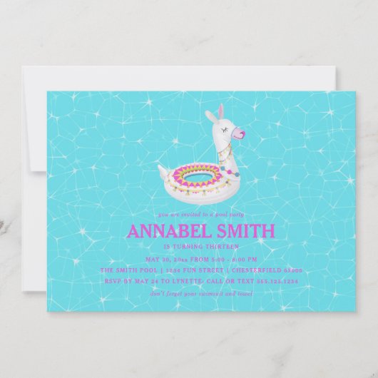 ラマの浮遊物の誕生日のプールを囲んでのパーティ 招待状 (正面)