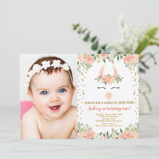 ラマの誕生会、花のかわいいラマの写真 招待状 (スタンド正面)
