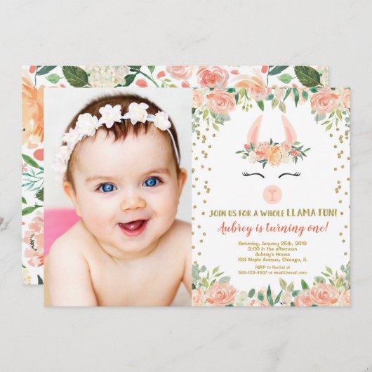 ラマの誕生会、花のかわいいラマの写真 招待状 (正面/裏面)