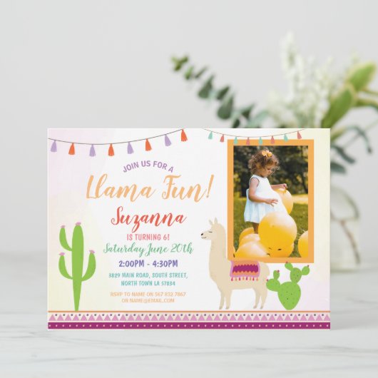 ラマの誕生日のサボテンのパーティーのフェスタの写真の招待 招待状 (スタンド正面)