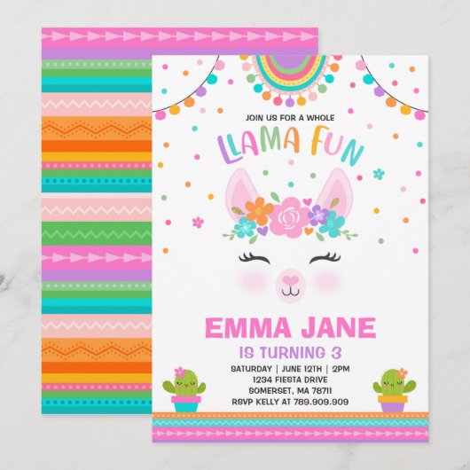 ラマの誕生日の招待状の全ラマのおもしろいのパーティー 招待状 (正面/裏面)