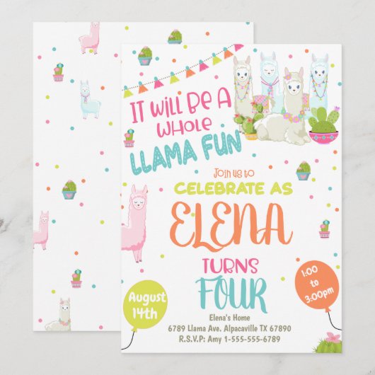 ラマの誕生日パーティー招待状 アルパカパーティー 招待状 (正面/裏面)