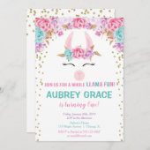 ラマの誕生日パーティー、ピンクの金ゴールドティール（緑がかった色）フローラ 招待状 (正面/裏面)