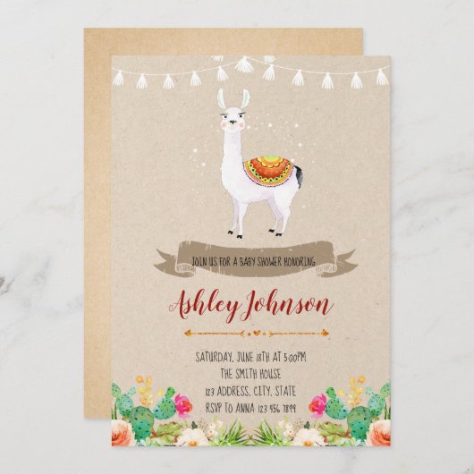 ラマの赤ちゃんシャワーの招待状 招待状 (正面/裏面)