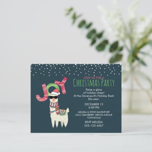 ラマはサンタハットクリスマスパーティー招待状を着て ポストカード (スタンド正面)