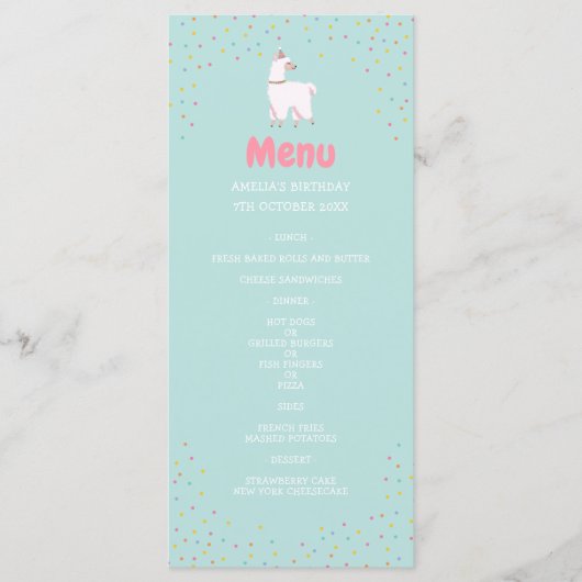 ラマをテーマにしたパーティー誕生日メニュー メニュー (正面)