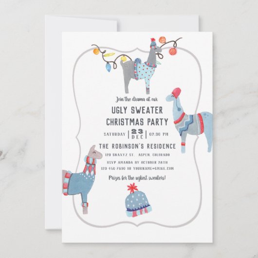 ラマをテーマにした醜いセーターのクリスマスパーティー 招待状 (正面)