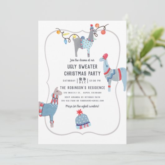 ラマをテーマにした醜いセーターのクリスマスパーティー 招待状 (スタンド正面)