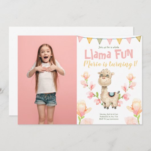 ラマアルパカフォトウォーターカラー誕生日招待状 招待状 (正面/裏面)