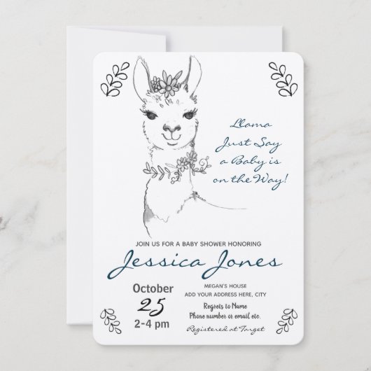 ラマエレガントガールベビーシャワー素朴 招待状 (正面)