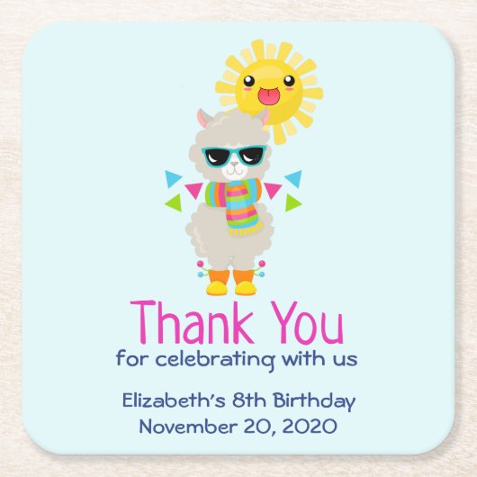 ラマカッコいいと笑顔かわいいサン誕生日 スクエアペーパーコースター (正面)