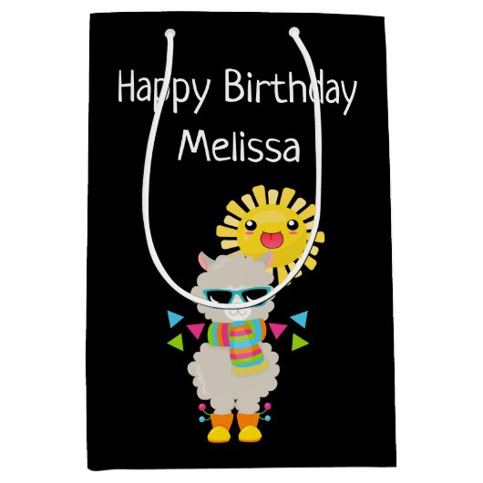 ラマカッコいいと笑顔かわいいサン誕生日 ミディアムペーパーバッグ (正面)