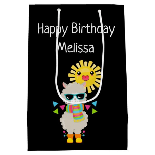 ラマカッコいいと笑顔かわいいサン誕生日 ミディアムペーパーバッグ (裏面)