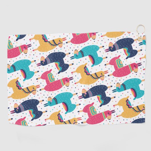 ラマカラフルスとアルパカの手描き ゴルフタオル (横)