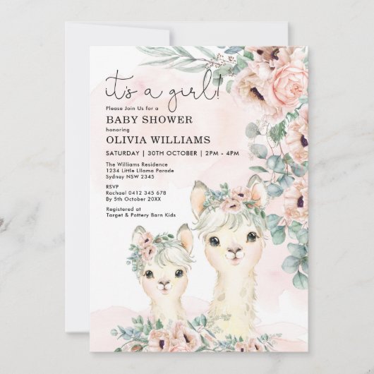 ラマガールベビーシャワー赤面フローラユーカリ 招待状 (正面)