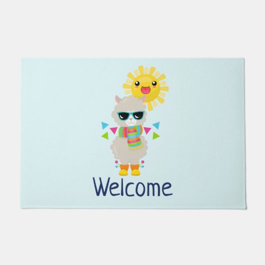 ラマクールと笑顔のかわいいサンウェルカム ドアマット (正面)