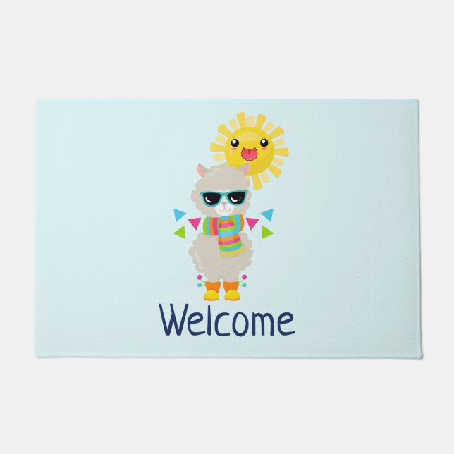 ラマクールと笑顔のかわいいサンウェルカム ドアマット (正面)