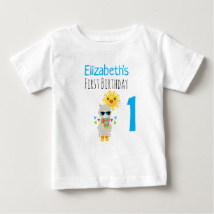 ラマクールと笑顔のかわいい太陽1歳の誕生日 ベビーTシャツ