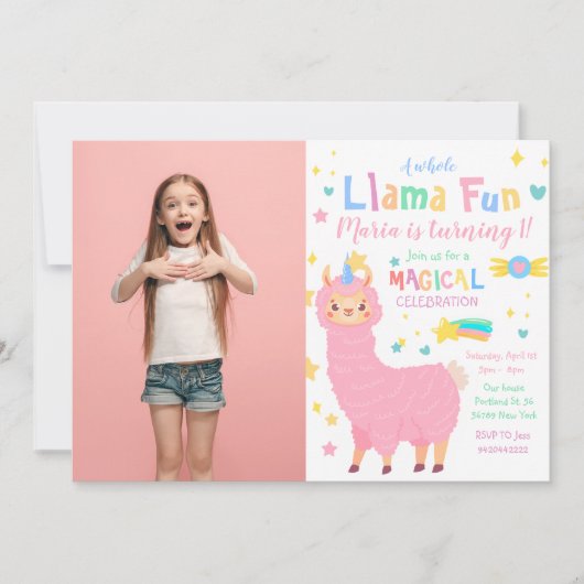 ラマコーン フォト ピンク ラマ 誕生日 招待状 (正面)