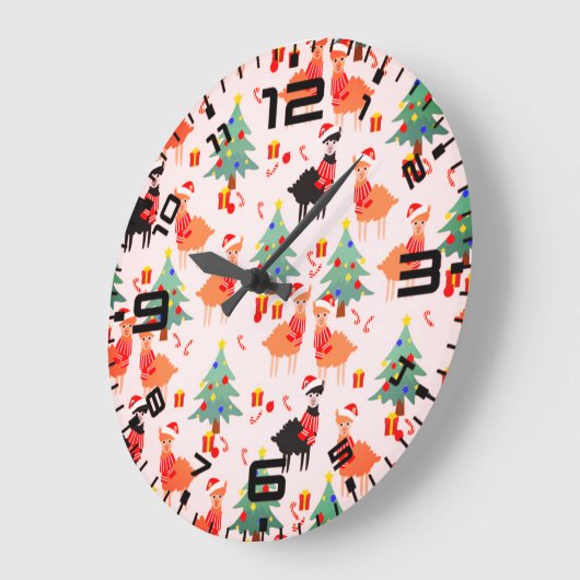 ラマスとアルパカのクリスマスパターン ラージ壁時計 (傾斜)