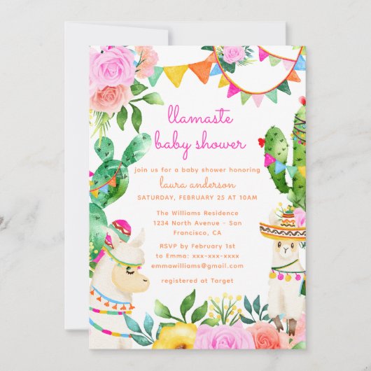 ラマステヨガラマメキシコカラフルの赤ちゃんシャワー 招待状 (正面)