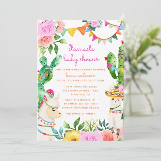 ラマステヨガラマメキシコカラフルの赤ちゃんシャワー 招待状 (スタンド正面)