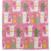 ラマスレインボーズグリーンサボテン軽ガーリーピンクかわいい シャワーカーテン (正面)