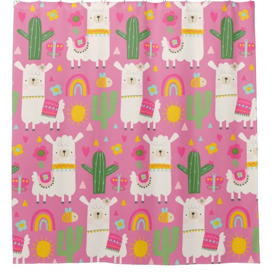 ラマスレインボーズグリーンサボテン軽ガーリーピンクかわいい シャワーカーテン (正面)